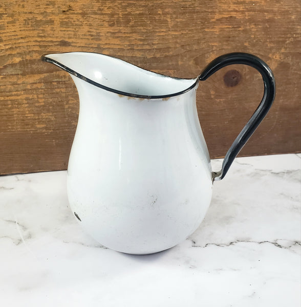 Vintage White Enamelware Milk Pitcher Black Trim Farmhouse Cottage Décor