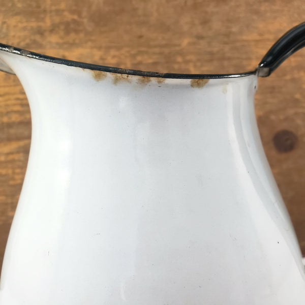 Vintage White Enamelware Milk Pitcher Black Trim Farmhouse Cottage Décor