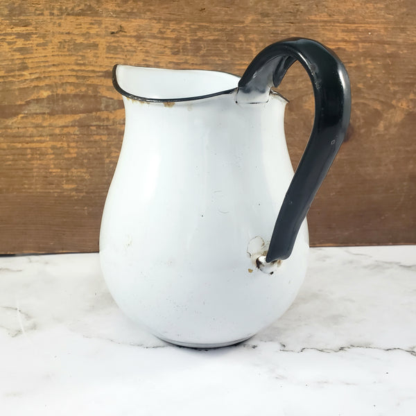 Vintage White Enamelware Milk Pitcher Black Trim Farmhouse Cottage Décor