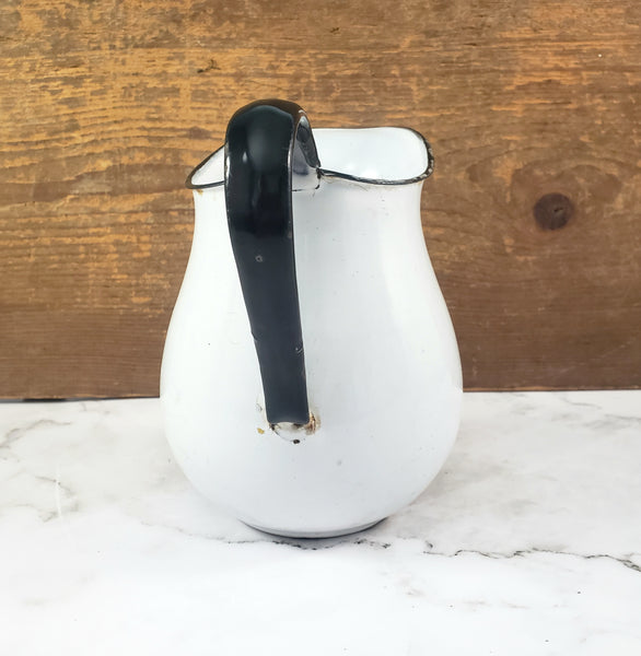 Vintage White Enamelware Milk Pitcher Black Trim Farmhouse Cottage Décor