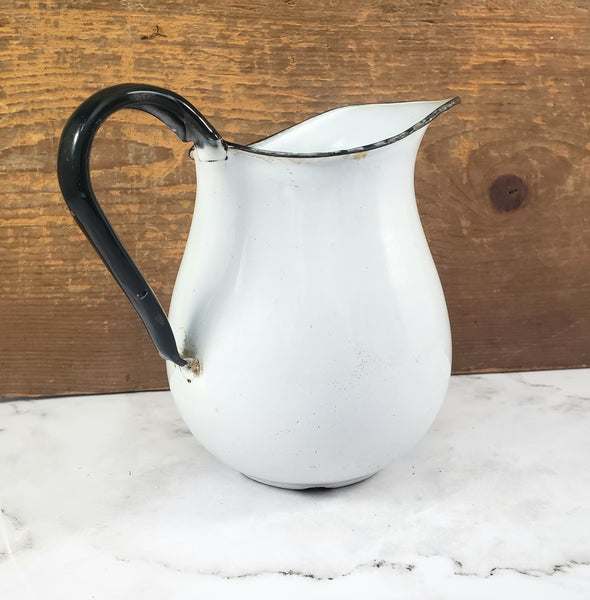 Vintage White Enamelware Milk Pitcher Black Trim Farmhouse Cottage Décor