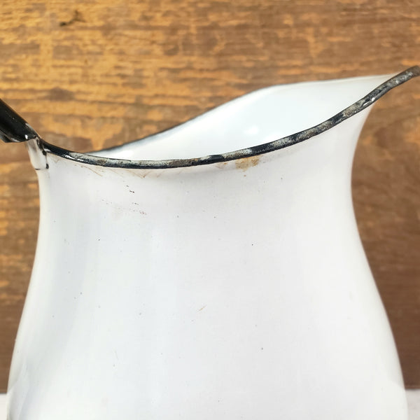 Vintage White Enamelware Milk Pitcher Black Trim Farmhouse Cottage Décor