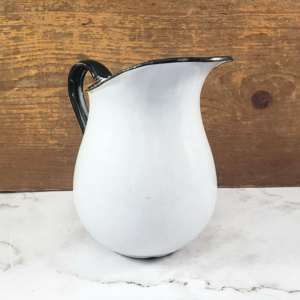 Vintage White Enamelware Milk Pitcher Black Trim Farmhouse Cottage Décor