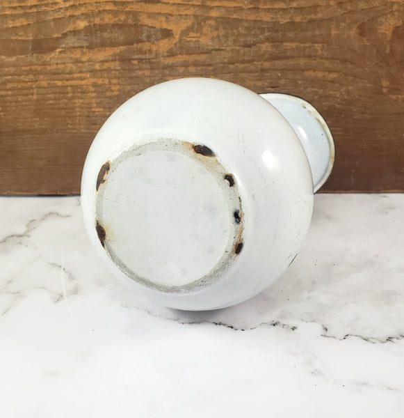 Vintage White Enamelware Milk Pitcher Black Trim Farmhouse Cottage Décor