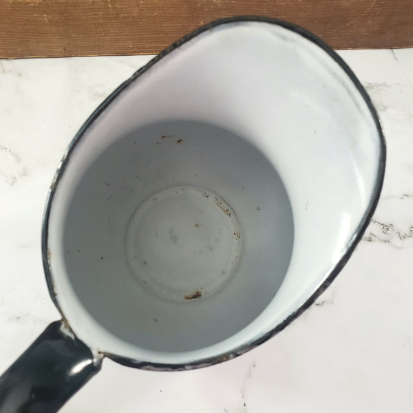 Vintage White Enamelware Milk Pitcher Black Trim Farmhouse Cottage Décor