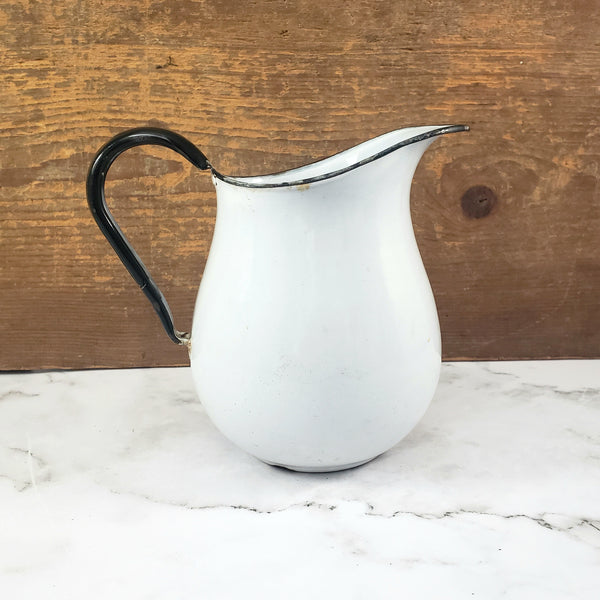 Antique White Enamelware Milk Pitcher Black Trim Farmhouse Cottage Decor