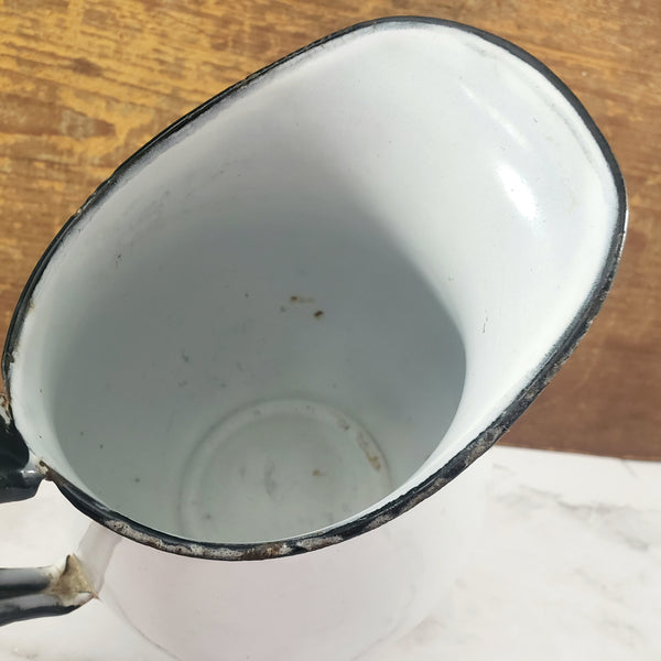 Vintage White Enamelware Milk Pitcher Black Trim Farmhouse Cottage Décor
