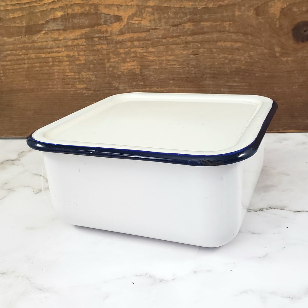 Vintage White Enamelware Square Storage Container Blue Trim with Lid