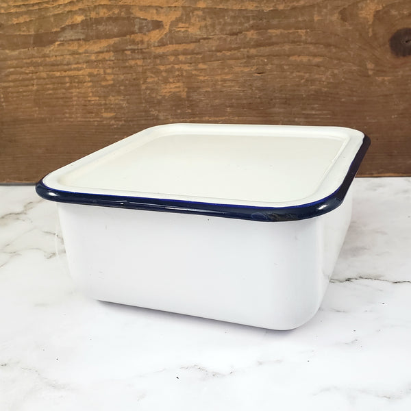 Vintage White Enamelware Square Storage Container Blue Trim with Lid