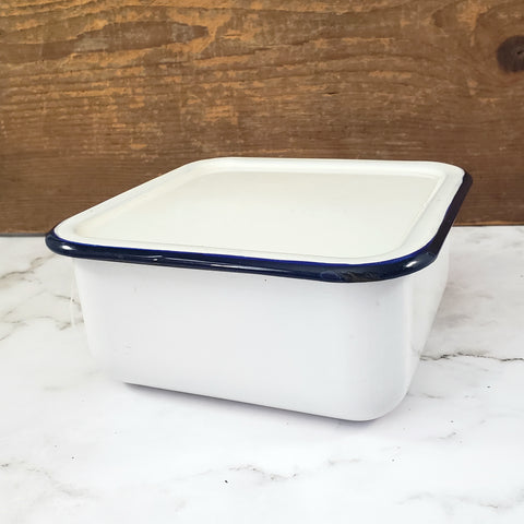 Vintage White Enamelware Square Storage Container Blue Trim with Lid