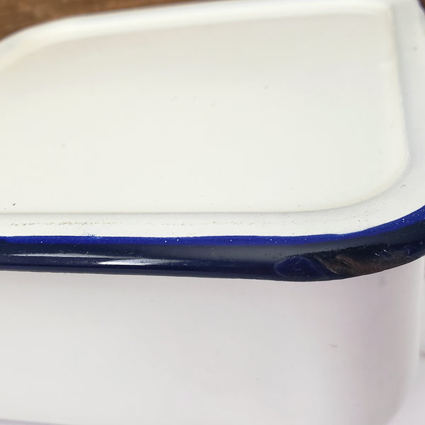Vintage White Enamelware Square Storage Container Refrigerator Bin Blue Trim with Lid