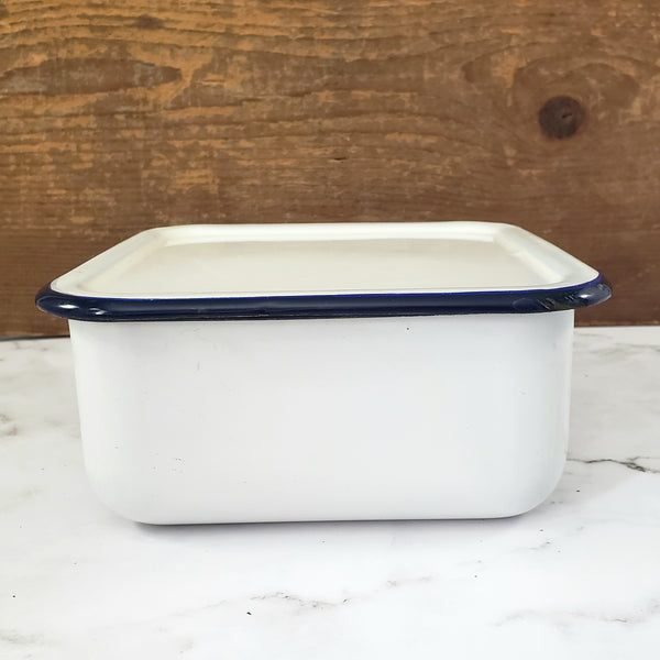 Vintage White Enamelware Square Storage Container Refrigerator Bin Blue Trim with Lid