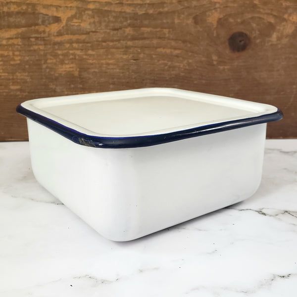 Vintage White Enamelware Square Storage Container Refrigerator Bin Blue Trim with Lid