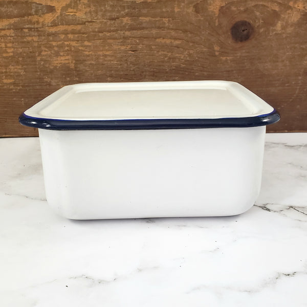 Vintage White Enamelware Square Storage Container Refrigerator Bin Blue Trim with Lid