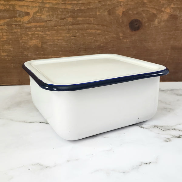 Vintage White Enamelware Square Storage Container Refrigerator Bin Blue Trim with Lid