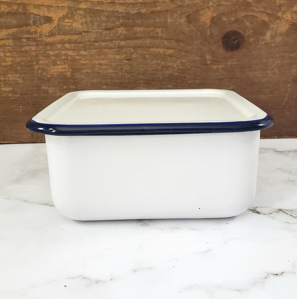 Vintage White Enamelware Square Storage Container Refrigerator Bin Blue Trim with Lid