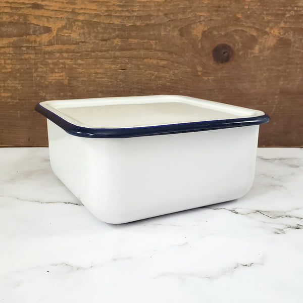 Vintage White Enamelware Square Storage Container Refrigerator Bin Blue Trim with Lid