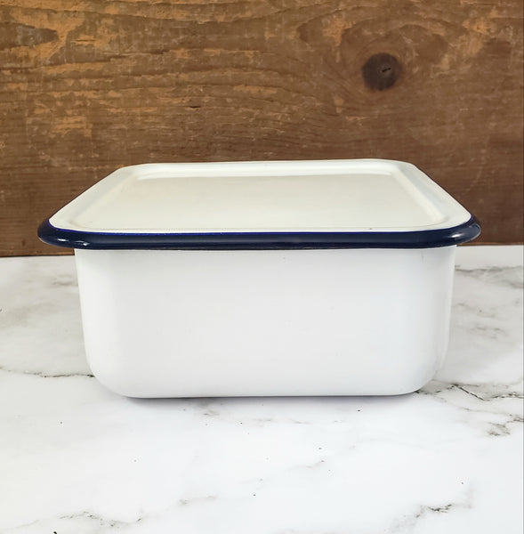Vintage White Enamelware Square Storage Container Refrigerator Bin Blue Trim with Lid