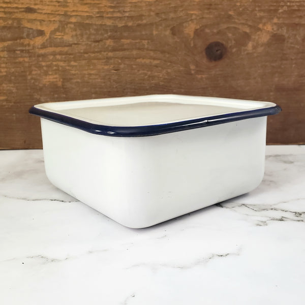 Vintage White Enamelware Square Storage Container Refrigerator Bin Blue Trim with Lid