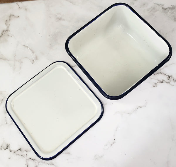 Vintage White Enamelware Square Storage Container Refrigerator Bin Blue Trim with Lid