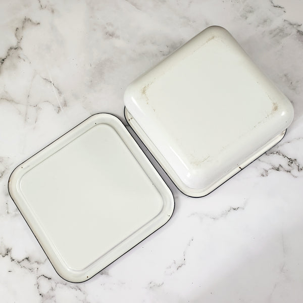 Vintage White Enamelware Square Storage Container Refrigerator Bin Blue Trim with Lid