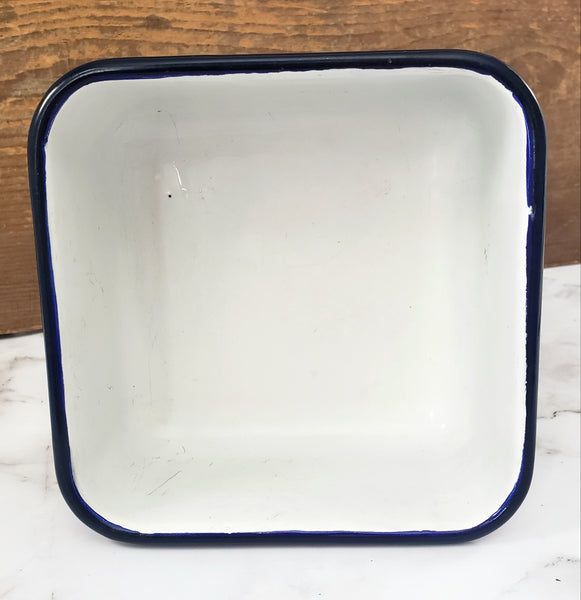 Vintage White Enamelware Square Storage Container Refrigerator Bin Blue Trim with Lid