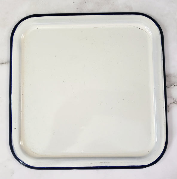 Vintage White Enamelware Square Storage Container Refrigerator Bin Blue Trim with Lid
