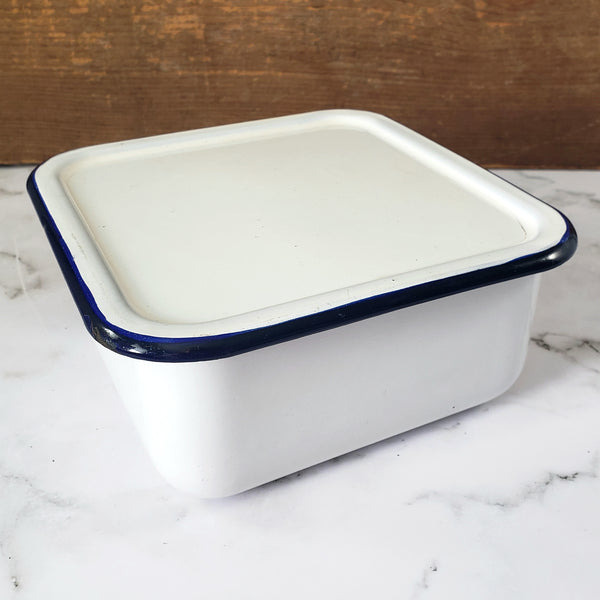 Vintage White Enamelware Square Storage Container Refrigerator Bin Blue Trim with Lid