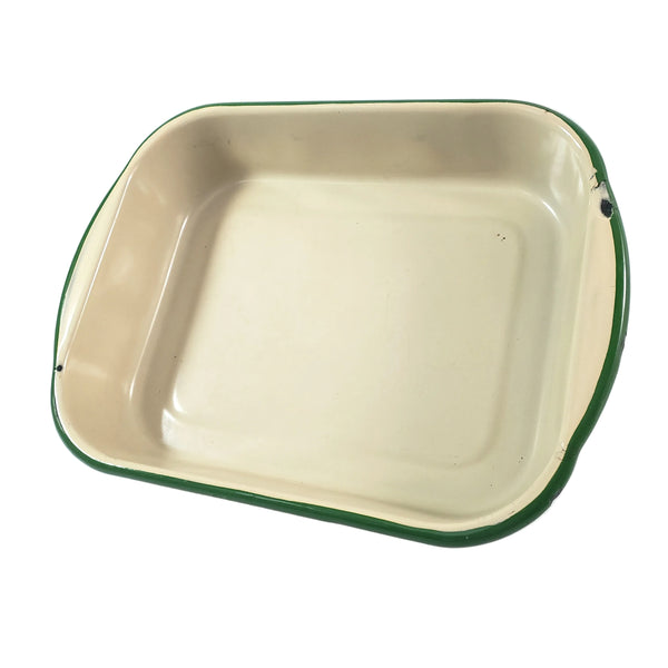 Vintage Cream & Green Enamelware Cake Pan, Plate, Cup 1920s-1930s