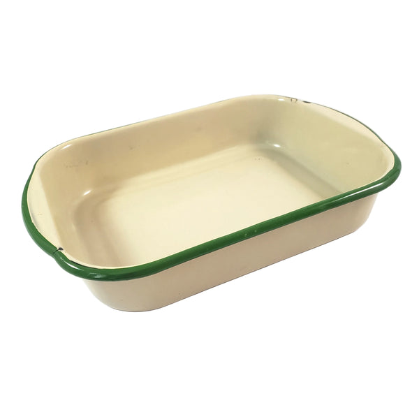Vintage Cream & Green Enamelware Cake Pan, Plate, Cup 1920s-1930s