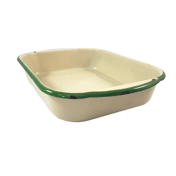 Vintage Cream & Green Enamelware Cake Pan, Plate, Cup 1920s-1930s