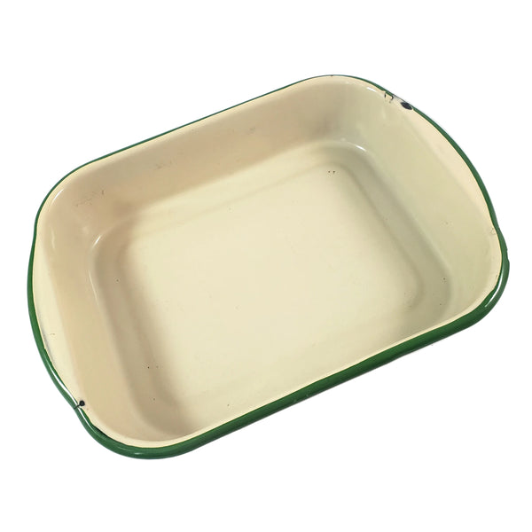 Vintage Cream & Green Enamelware Cake Pan, Plate, Cup 1920s-1930s