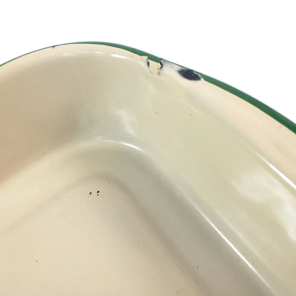 Vintage Cream & Green Enamelware Cake Pan, Plate, Cup 1920s-1930s