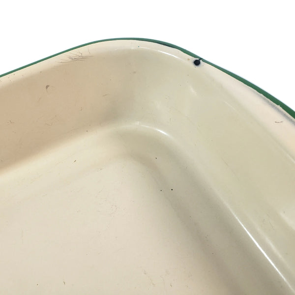 Vintage Cream & Green Enamelware Cake Pan, Plate, Cup 1920s-1930s