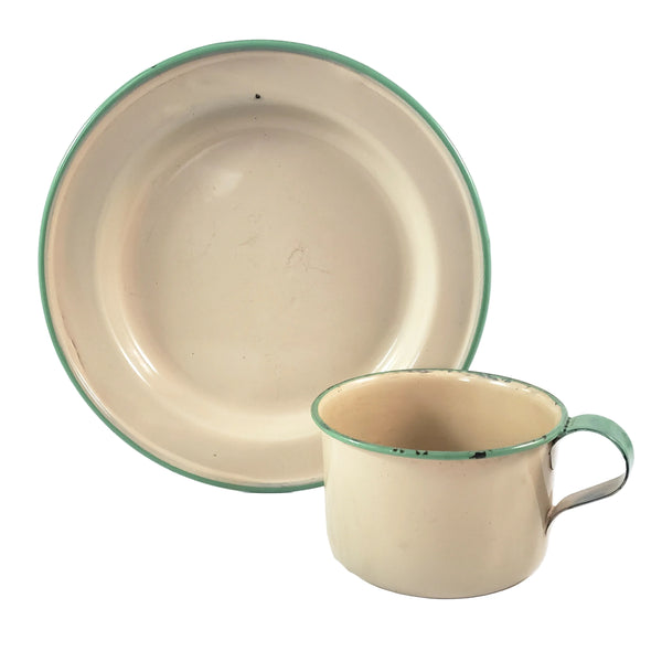 Vintage Cream & Green Enamelware Cake Pan, Plate, Cup 1920s-1930s