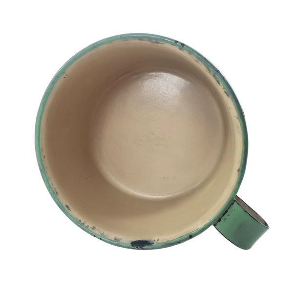 Vintage Cream & Green Enamelware Cake Pan, Plate, Cup 1920s-1930s