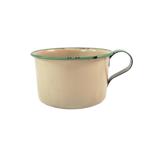 Vintage Cream & Green Enamelware Cake Pan, Plate, Cup 1920s-1930s