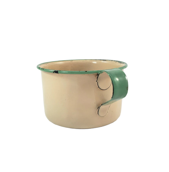 Vintage Cream & Green Enamelware Cake Pan, Plate, Cup 1920s-1930s