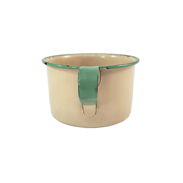 Vintage Cream & Green Enamelware Cake Pan, Plate, Cup 1920s-1930s