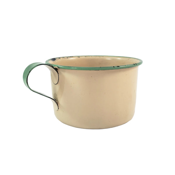 Vintage Cream & Green Enamelware Cake Pan, Plate, Cup 1920s-1930s