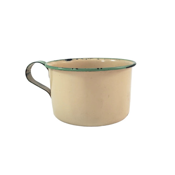 Vintage Cream & Green Enamelware Cake Pan, Plate, Cup 1920s-1930s