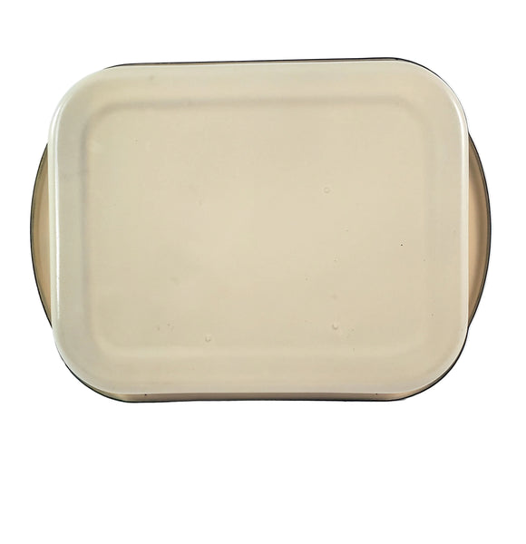 Vintage Cream & Green Enamelware Cake Pan, Plate, Cup 1920s-1930s
