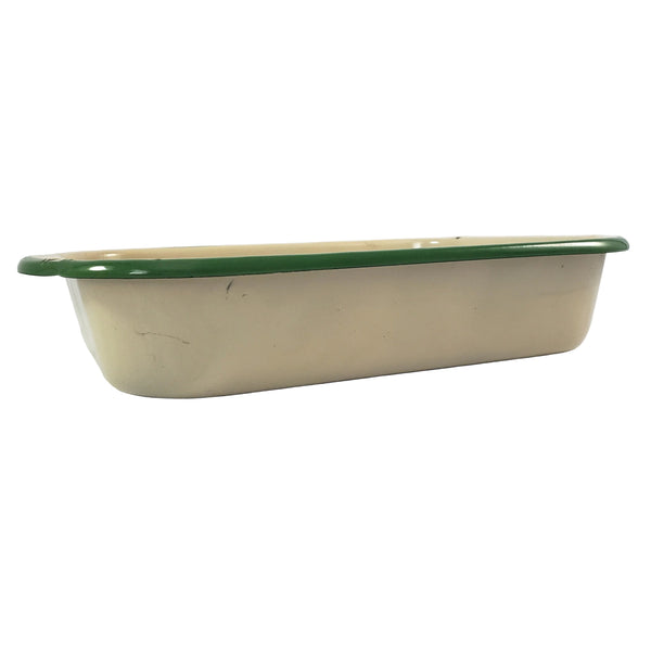 Vintage Cream & Green Enamelware Cake Pan, Plate, Cup 1920s-1930s