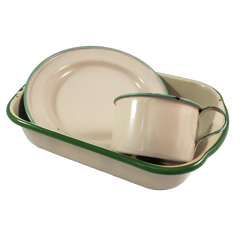 Vintage Cream & Green Enamelware Cake Pan, Plate, Cup 1920s-1930s