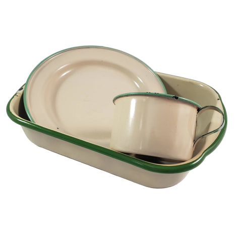 Vintage Cream & Green Enamelware Cake Pan, Plate, Cup 1920s-1930s