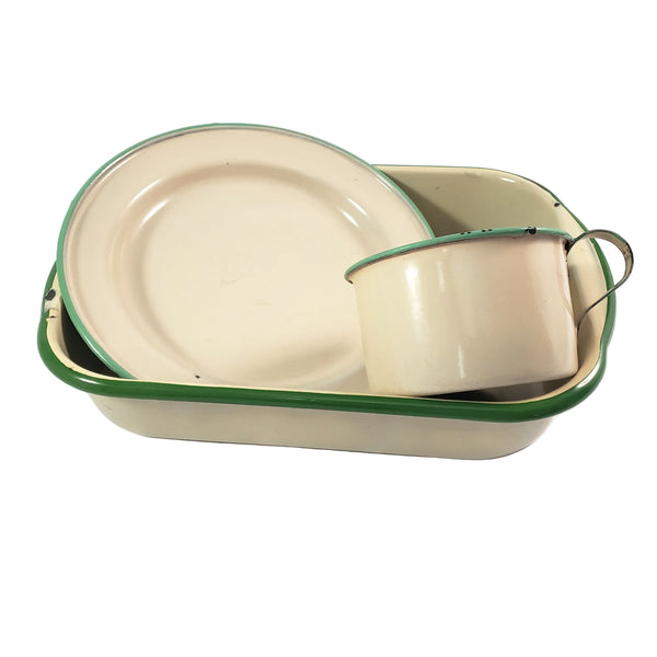 Vintage Cream & Green Enamelware Cake Pan, Plate, Cup 1920s-1930s