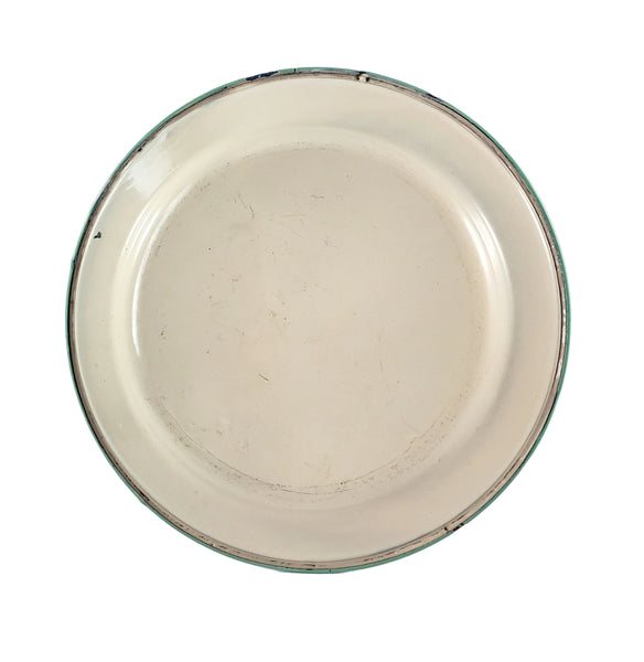 Vintage Cream & Green Enamelware Cake Pan, Plate, Cup 1920s-1930s