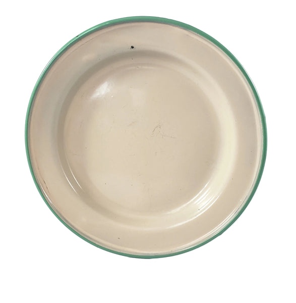 Vintage Cream & Green Enamelware Cake Pan, Plate, Cup 1920s-1930s