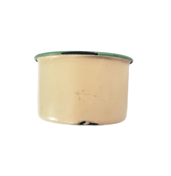 Vintage Cream & Green Enamelware Cake Pan, Plate, Cup 1920s-1930s