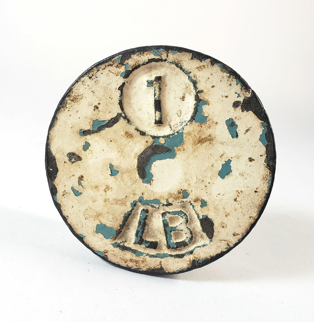 Antique Cast Iron 1 LB Mercantile Scale Weight Old Timeworn White & Blue Paint